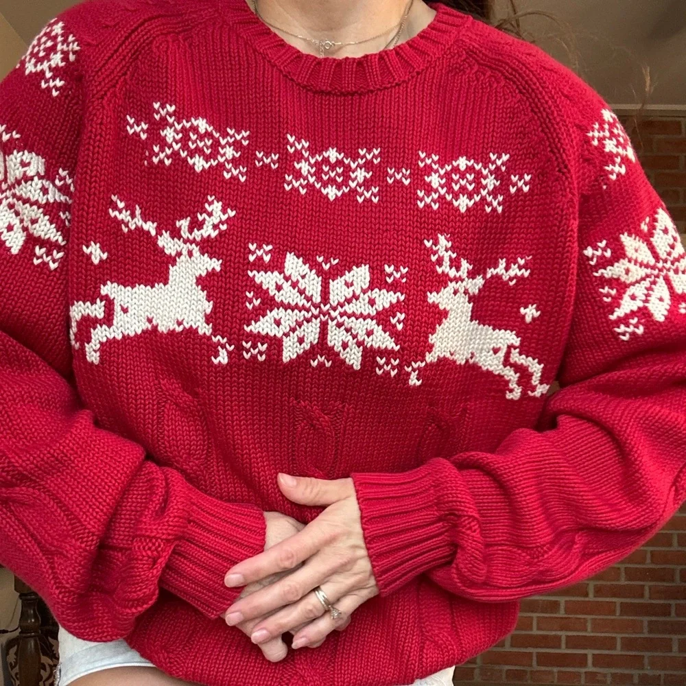 Lands End Red Womens Holiday Cabincore Grandpa Sweater Reindeer Snowflakes - Picture 5 of 9